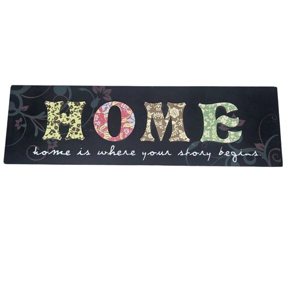 "Home is Where Your Story Begins" Wall Decor Sign Painted Wood Floral Black 15x5 - Picture 1 of 5